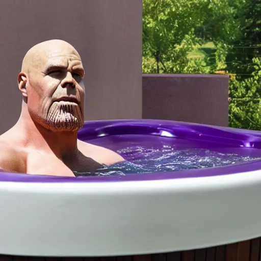 Prompt: thanos relaxing in the hot tub