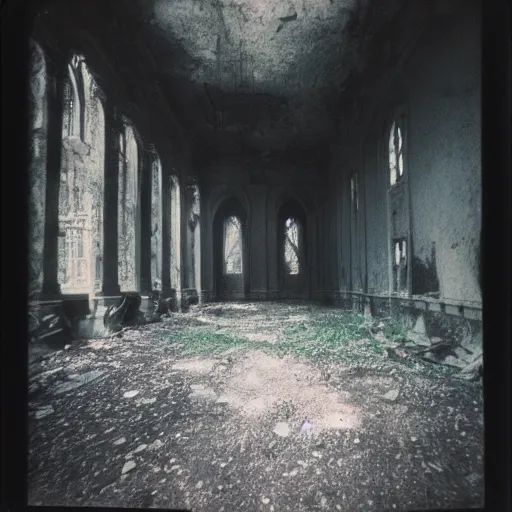 Image similar to you are lost in an old abandoned castle, hard to breathe, polaroid, laminal space, foggy