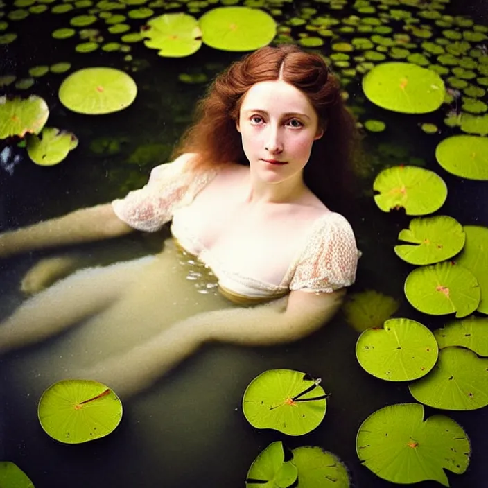 Image similar to Kodak Portra 400, 8K, soft light, volumetric lighting, highly detailed, britt marling style 3/4 ,view from above of close-up portrait photo of a beautiful woman how pre-Raphaelites painter, part of the face is emerging of a pond with water lilies, , she has a beautiful lace dress and hair are intricate with highly detailed realistic beautiful flowers , Realistic, Refined, Highly Detailed, natural outdoor soft pastel lighting colors scheme, outdoor fine art photography, Hyper realistic, photo realistic,warm lighting,