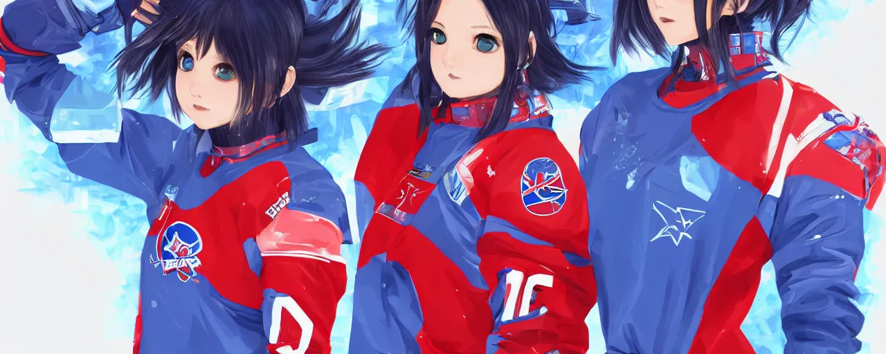 Image similar to females akira anime cyberpunk super star ice hockey players, wearing a light futuristic habs jersey, blue white and red color blocking, character concept exploration, outfit designs, trending on artstation, photorealistic, 8k