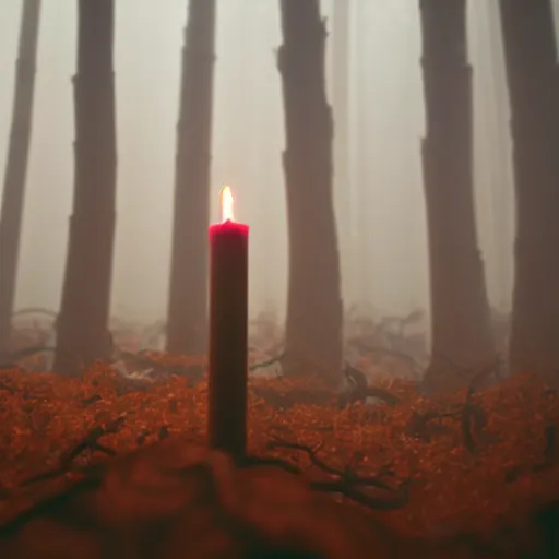 Image similar to a candle burns in a foggy forest, depth of field, spooky