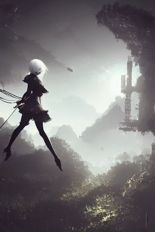 Image similar to an environmental concept art of nier automata, 2 b, highly detailed, environmental light, cinematic by francis tneh