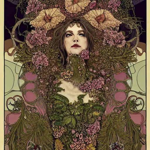 Image similar to a beautiful detailed front view portrait of a rotten woman corpse with fractal plants and fractal flowers and mushrooms growing around, symmetrical, ornate, ornamentation, illustration, in the style of art nouveau, mucha