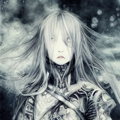 Prompt: Yoshitaka Amano blurred and dreamy illustration of an anime girl with the pirate eye patch hiding one eye, wavy white hair and cracks on her face wearing Elden ring armour with the cape fluttering in the wind, abstract black and white patterns on the background, noisy film grain effect, highly detailed, Renaissance oil painting, weird portrait angle