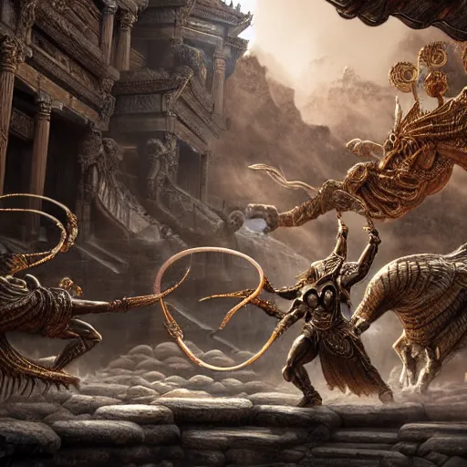 Prompt: fantasy sci fi characters fight in ancient temple, action scene, 8 k, lumen reflections, sharpened, insanely detailed and intricate, hypermaximalist, elegant, ornate, hyper realistic, super detailed, digital art