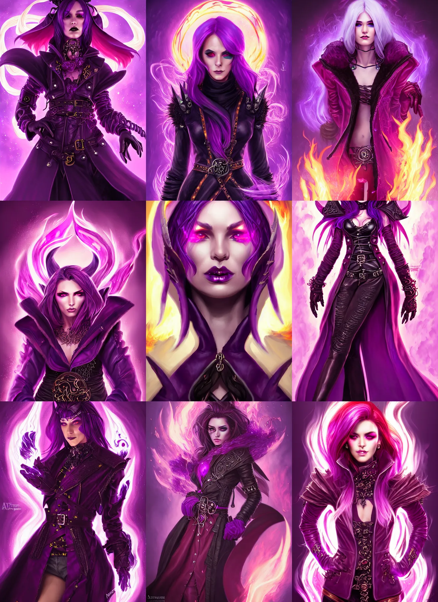 Prompt: portrait of a mix between necromancer and pyromancer, female, shiny purple fire and decadence, leather coat, high fantasy, dnd, face details, extremely detailed, smooth, sharp focus, digital illustration, by artgem, rossdraws, sakimichan