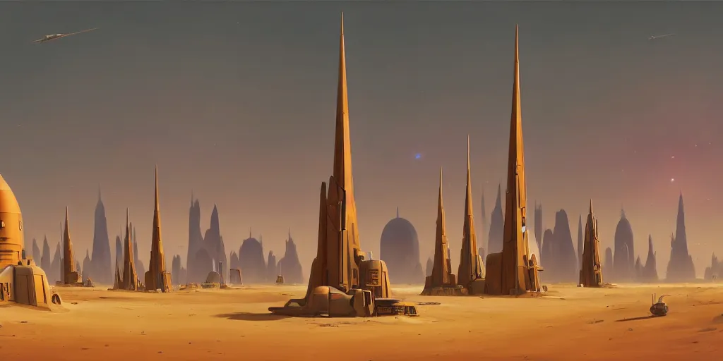 Prompt: one single tall spire military base surrounded by short city buildings and huts, sand dunes, desert planet, war, star wars, warhammer 4 0 k, retro futurism, art deco, ralph mcquarrie, simon stalenhag