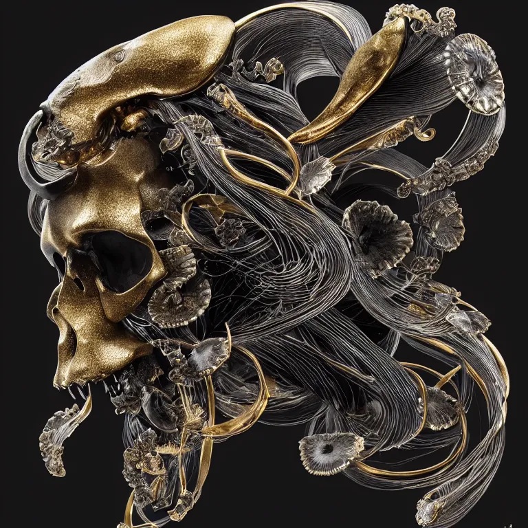 Image similar to black background. absolutely symmetrical sculpture. centered. goddess princess face close-up portrait ram skull. sculpture made of gold and black charcoal. jellyfish phoenix head, nautilus, orchid, skull, betta fish, bioluminiscent creatures, intricate artwork by Tooth Wu and wlop and beeple. octane render, trending on artstation, greg rutkowski very coherent symmetrical artwork. cinematic, hyper realism, high detail, octane render, 8k