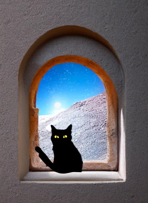 Image similar to cat inside a window watching a martian landscape
