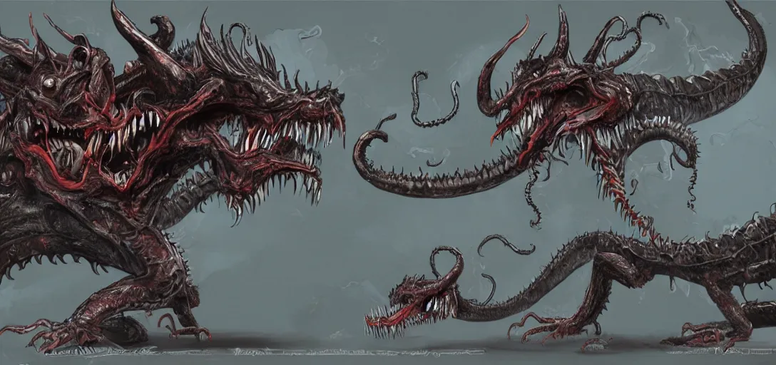 Image similar to concept art of dragon attack, lovecraftian, lots of teeth, melting horror, feathers, fighting the horrors of the unknown with laser guns