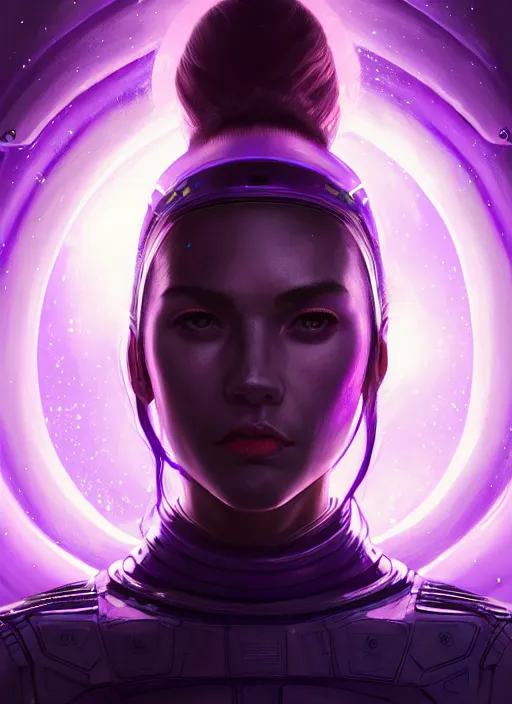 Image similar to top down lighting, extreme close up, stunning portrait of a woman in purple leather future armor with a long black ponytail, with space and stars around her, spaceship hallway, intricate, mood lighting, highly detailed, digital painting, artstation, concept art, smooth, sharp focus, illustration, art by wlop, mars ravelo and greg rutkowski