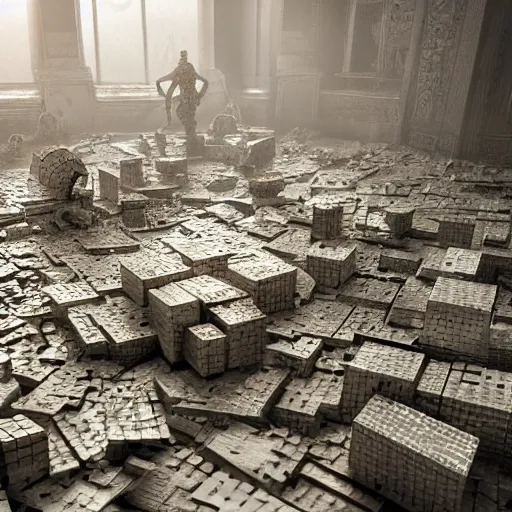 Prompt: thousand of cube dumped ,hyperrealistic mixed media high resolution , stunning 3d render Unreal Engine , dim volumetric lighting, 8k octane beautifully detailed render, post-processing, extremely hyper-detailed, intricate, epic composition, highly detailed attributes, highly detailed atmosphere, cinematic lighting, masterpiece, trending on artstation, very very detailed, masterpiece, stunning, flawless completion, perfection,