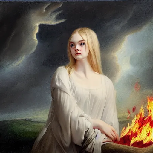 Prompt: professional painting of Elle Fanning wearing black cultist robes holding a white lamb surrounded by fire in the style of Thomas Lawrence, nighttime, stars, head and shoulders portrait, symmetrical facial features, smooth, sharp focus, illustration, intricate, stormy weather, extremely detailed masterpiece,