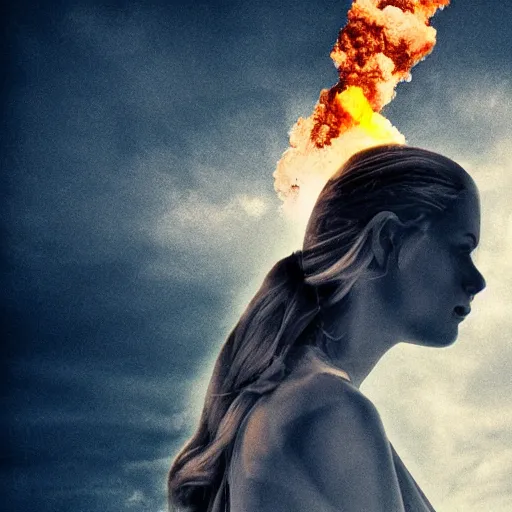 Image similar to a woman up there, sci - fi, town, on fire, photoshop, colossal, creative and cool, photo manipulation, low angle, smoke, destruction