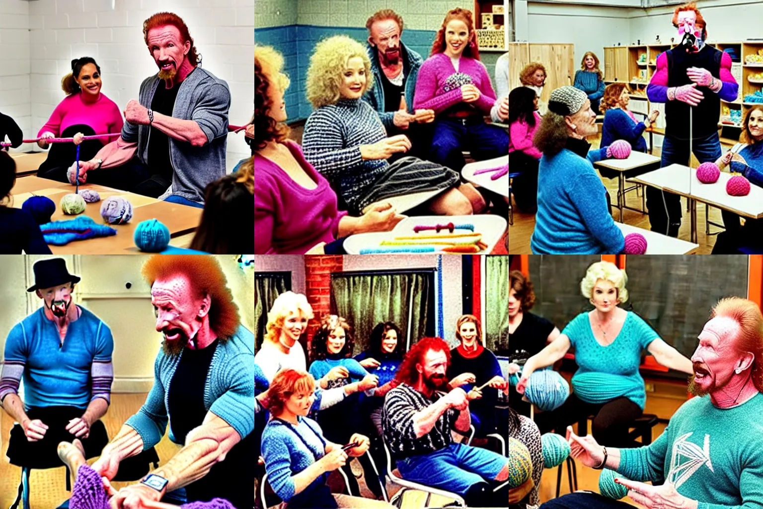 Prompt: Diamond Dallas Page teaching a knitting class. photo from New York Magazine