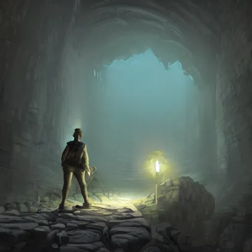 Image similar to A man with a flashlight explores a Dungeon, luminous, artstation