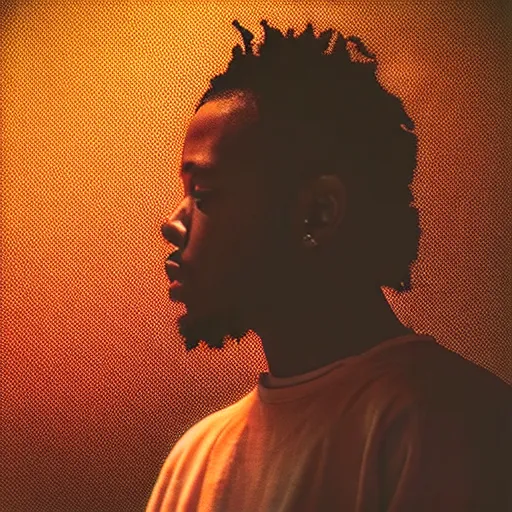 Prompt: a photo of kendrick lamar grieving at a church, dramatic, ektachrome, vintage, wide angle, warm color palette, light mode, 2. 5 - dimensional, 1 6 k, ultra - hd, megapixel, cga, rays of shimmering light, screen space reflections