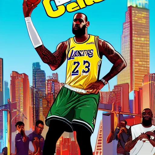 Prompt: lebron james in gta v cover art, art by stephen bliss, sharp details, sharp focus