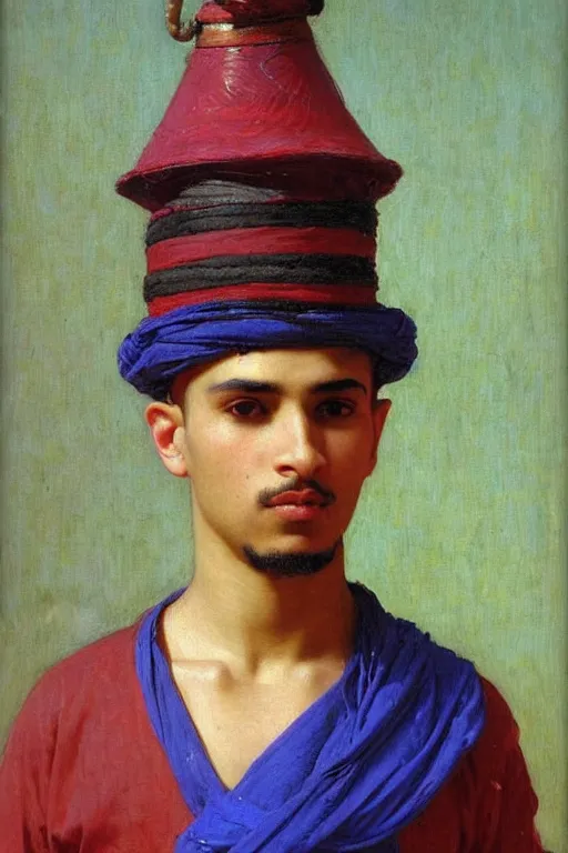 Image similar to Portrait of a young muscular Moroccan man with blue eyes, an earring and a fez hat holding a snake, orientalist, victor Nizovtsev, bouguereau