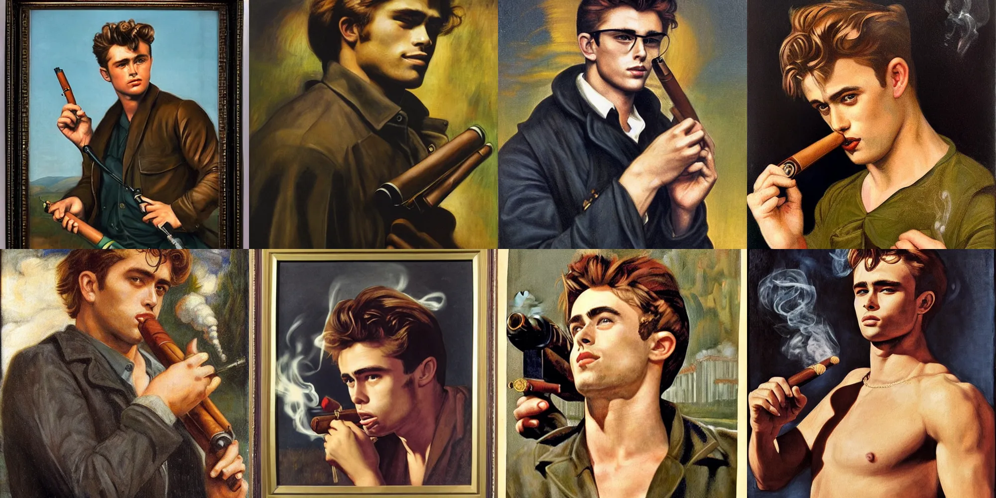 Prompt: Pre-Raphaelite portrait of James dean holding a mini gun, cheeky smile, very big muscles, smoking a cigar