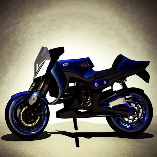 Prompt: futuristic suzuki, touring motorbike, designed by professional artist, dirt splashes, industrial design, desert background, brushed white and blue paint, black wheel rims, dark enviroment, dramatic lighting, hyper realistic rendering, octane, depth of field, bokeh effect, 1 5 0 mm