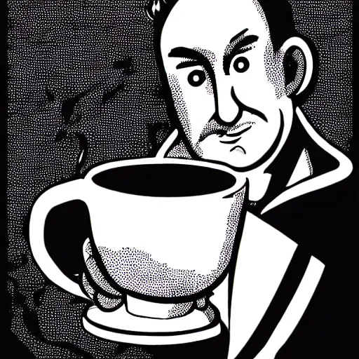 Prompt: black and white comic of a man with the head of an owl, holding a mug of coffee