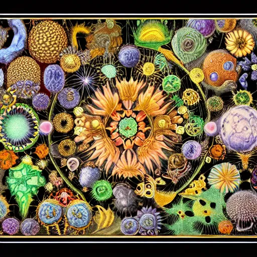 Prompt: ernst haeckel the coronavirus and other viruses in color on black background, symmetrically arranged