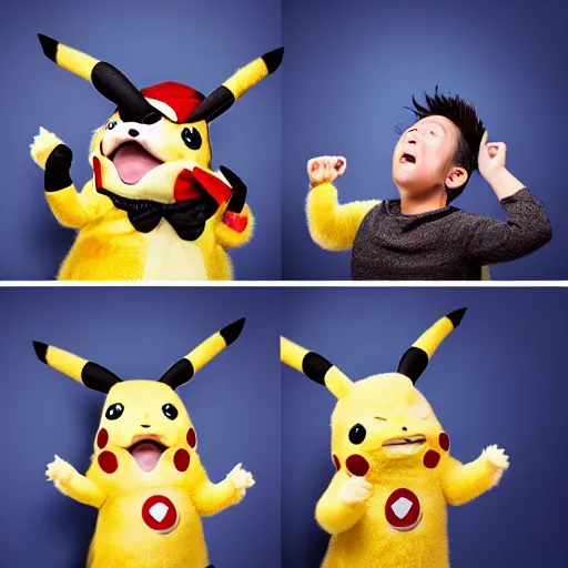 Image similar to portrait sneezing mid - sneeze midsneeze detective sneezing pikachu mid - sneeze wiping face with rag at a photoshoot studio lighting