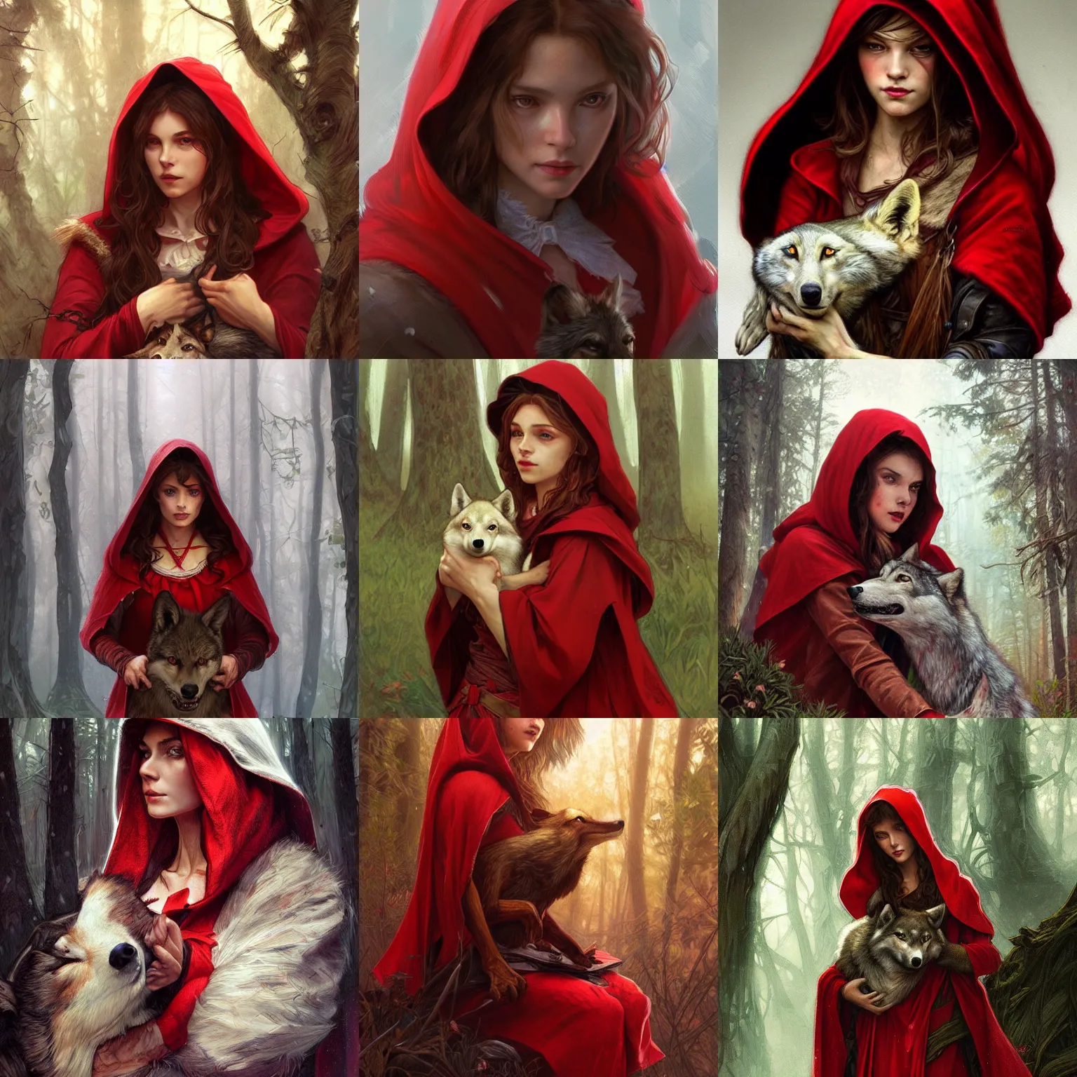 Prompt: Portrait of Little Red Riding Hood with a wolf, intricate, wild, highly detailed, digital painting, artstation, concept art, smooth, sharp focus, illustration, art by artgerm and greg rutkowski and alphonse mucha