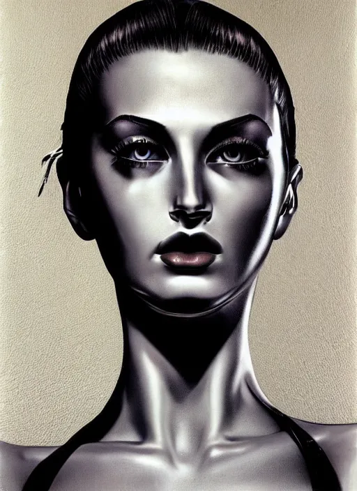Prompt: extremely detailed, intricate photo realistic portrait beautiful female android, art by helmut newton,