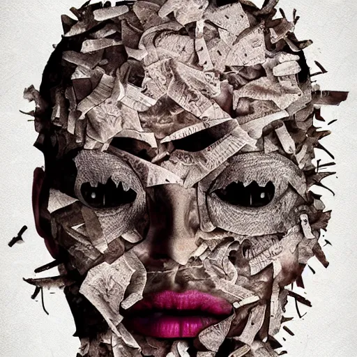 Image similar to face shredded like paper as skin peeling, dark, surreal, illustration, by ally burke