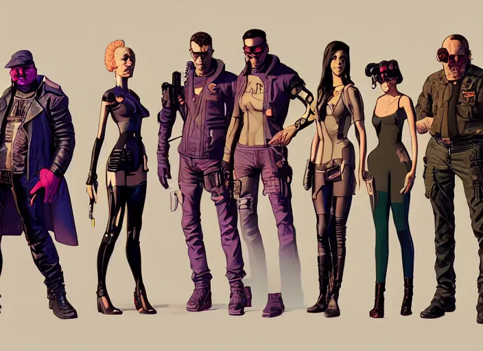 Image similar to cyberpunk heist crew. portrait by stonehouse and mœbius and will eisner and gil elvgren and pixar. character design. realistic proportions. cyberpunk 2 0 7 7 character art, blade runner 2 0 4 9 concept art. cel shading. attractive face. thick lines. the team. diverse characters. artstationhq.