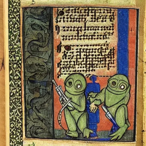 Prompt: page from a 1 4 th century monk's manuscript illustrating an epic battle between r 2 d 2 and!! pepe the frog!!