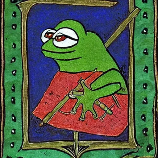 Image similar to pepe the frog medieval illuminated manuscript