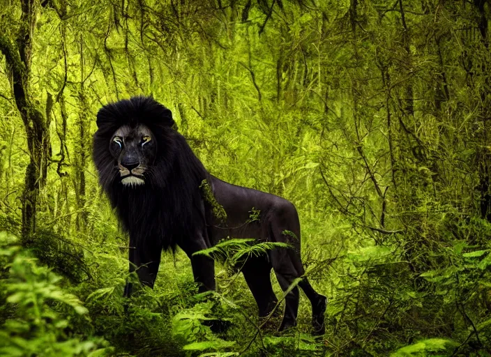 Image similar to professional wildlife photograph of a black lion standing in a foggy dark jungle at night, surrounded by dense dark trees at night, moss, ferns, cinematic lighting, apex predator, natgeo