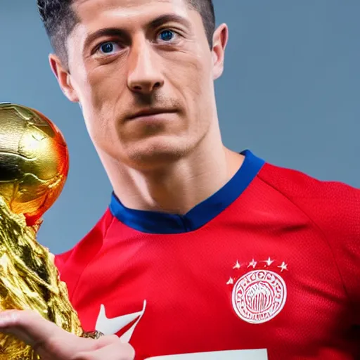 Image similar to portrait of Robert Lewandowski holding World Cup trophy, 4k, hq, high details, natural light, perfect quality, professional photography, award winning photo, a lot of details, perfect face