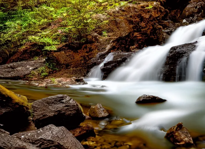 Prompt: a 2 8 mm macro photo of a flowing river and waterfalls in a huge canyon, splash art, movie still, bokeh, canon 5 0 mm, cinematic lighting, dramatic, film, photography, golden hour, depth of field, award - winning, anamorphic lens flare, 8 k, hyper detailed, 3 5 mm film grain, hazy