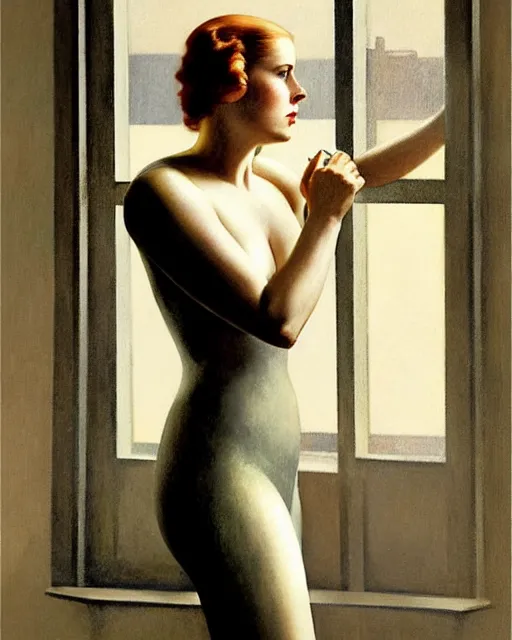 Image similar to photo of amy adams in 1 9 3 0 s penthouse rainy window, oil painting, by enoch bolles, greg rutkowski, edward hopper, artgerm, wlop glossy skin, intricate architectural detail, pearlescent, very coherent, cute