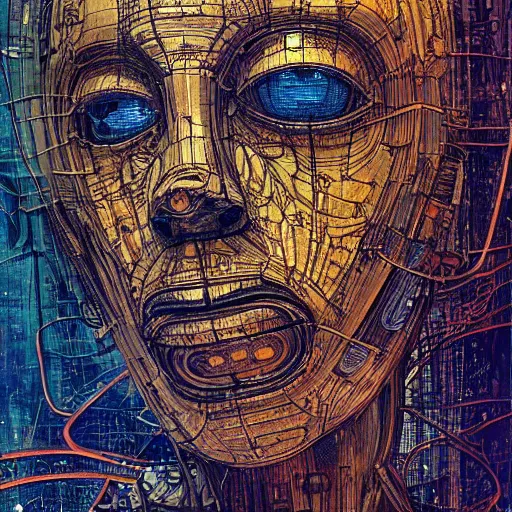 Image similar to human 3 d by pantokrator, woman head made of mech mask rendered in unreal engine, ancient technology, cyberpunk, dark, scifi, golden cyberntic vessels coming from core processor, contrast, painted by david burliuk | bernard buffet | carne griffiths | stanislaw lem