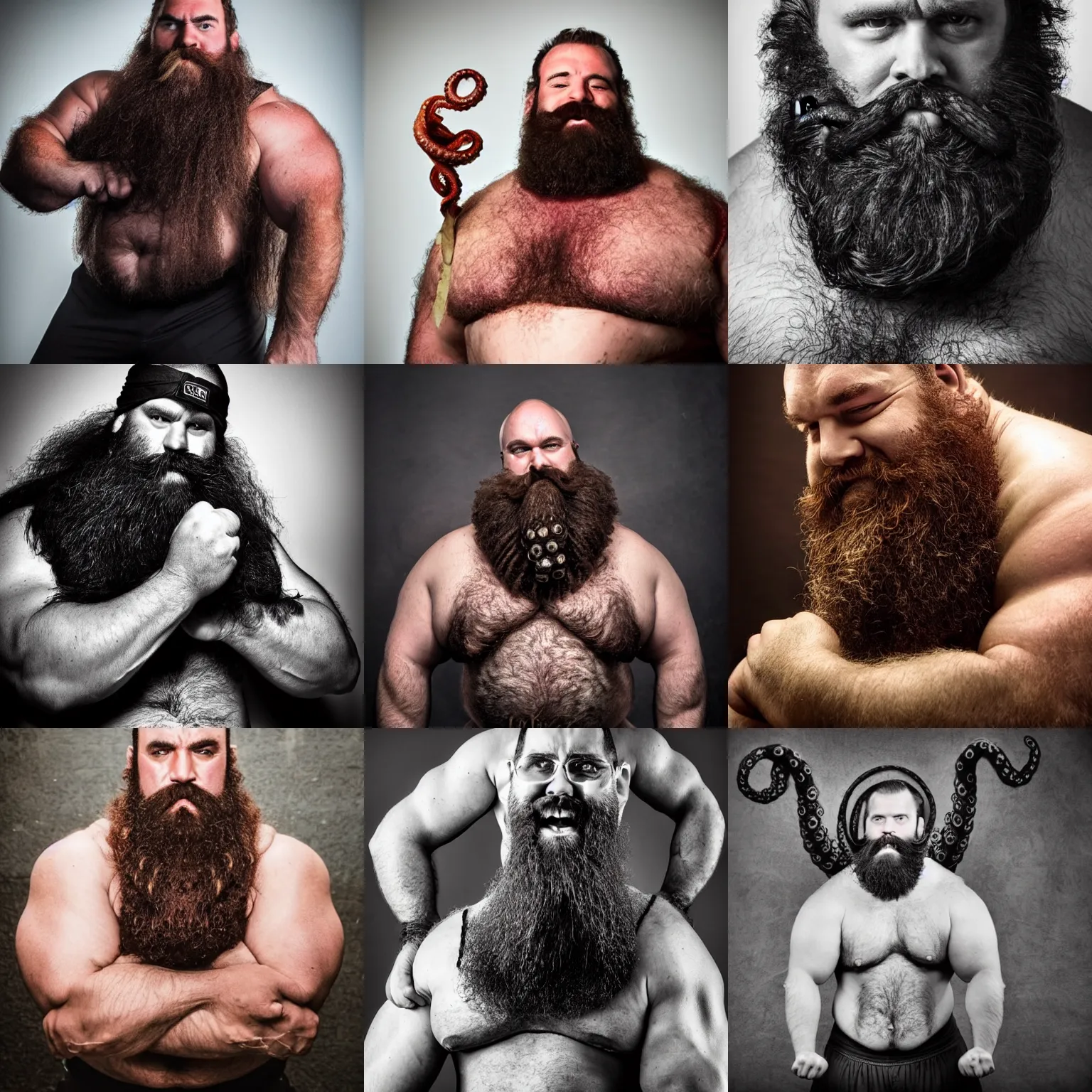 Prompt: big burly hairy strongman with tentacles for beard, photography