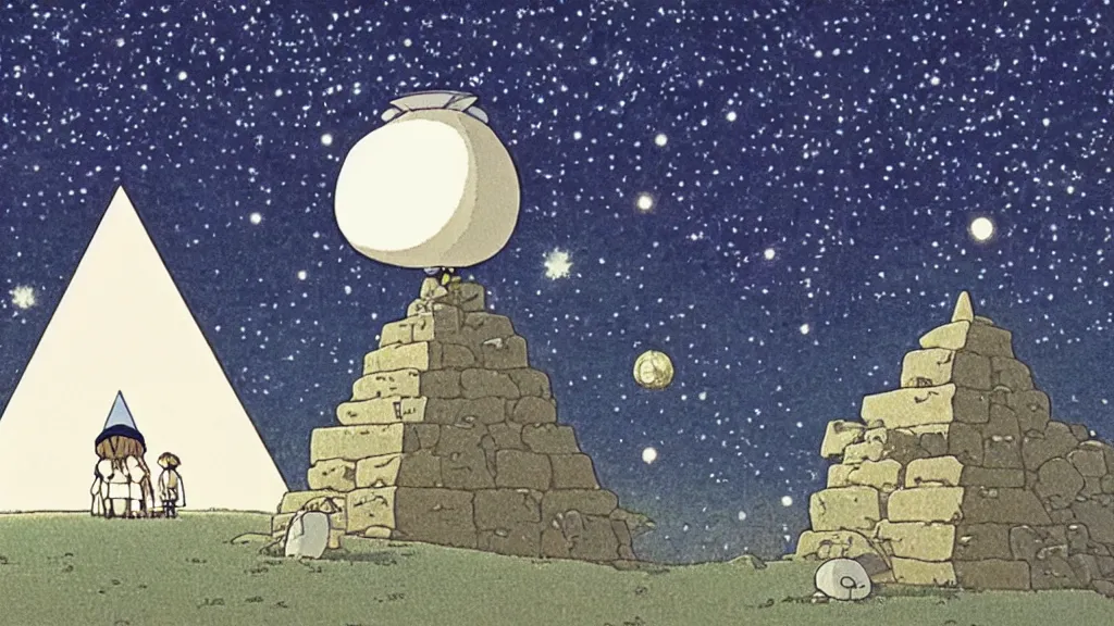 Prompt: a movie still from a studio ghibli film showing a floating large white pyramid with a gold capstone, and a ufo on a misty and starry night. by studio ghibli