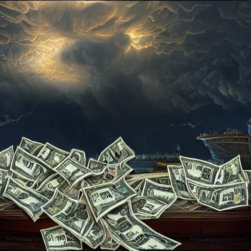 Image similar to huge tornado made of dollar bills, heavy winds carrying dollars in the air, dark clouds of cash in the background, Realistic, Regal, Refined, Detailed Digital Art, Michael Cheval, Walt Disney (1937), François Boucher, Oil Painting, Steampunk, Highly Detailed, Cinematic Lighting, Unreal Engine, 8k