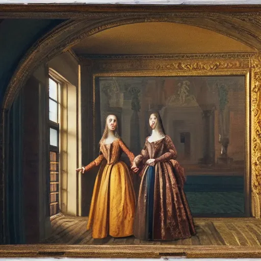 Prompt: fine art, oil on canvas. two women in a vast castle lobby wearing fine clothes, two are women talking close to the windows far from the first two. dark room with light coming through the right side of the place. baroque style 1 6 5 6. high quality recreation of illumination shadows and colors, no distortion on subject faces.