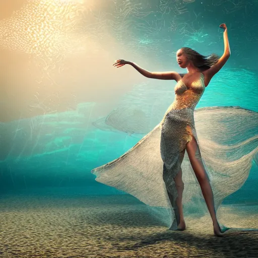 Prompt: woman dancing underwater wearing a long flowing dress made of many translucent layers of silver and blue lace seaweed, bolts of bright yellow fish, caustics lighting from above shines on the delicate coral sea and sandy bottom, swirling silver fish, swirling smoke shapes, octane render, cinematic, hyperdetailed