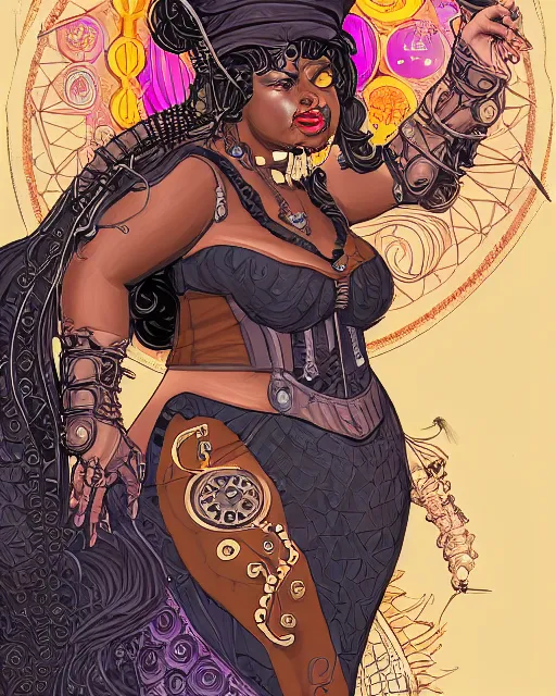 Image similar to a detailed portrait illustration of a steampunk sorceress - laywer. beautiful obese black female face, very dark skin. art nouveau, pop art, comic book style. influenced by neil gaiman, h. p. lovecraft, dan mumford, brian froud, kehinde wiley, killian eng, ross tran.