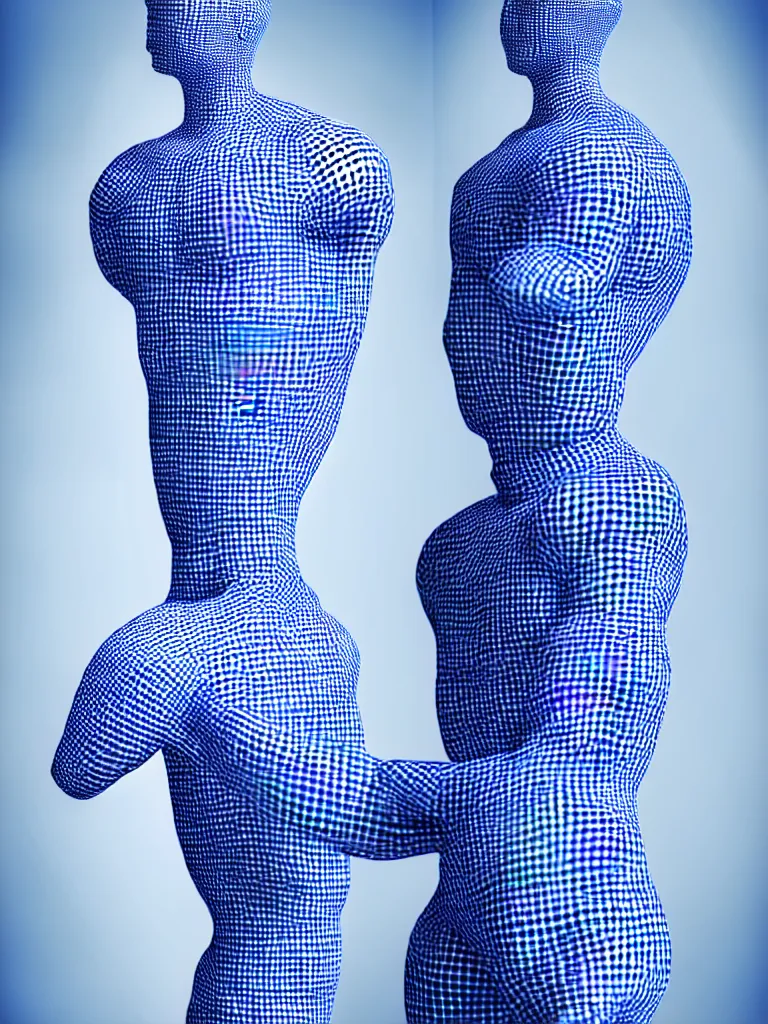 Image similar to a fine art photograph formal self sculpture by the artist kelbv, in realistic style with tubes neatly navigating the contours of his body, and disjoint body pumped full with blue and white gingham ellipsoids, perfect studio lighting.