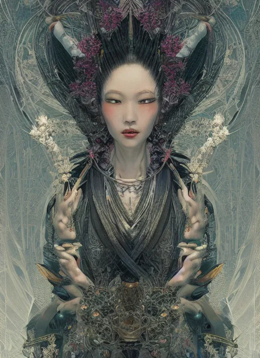 Prompt: portrait full three kingdom breathtaking detailed concept art painting art deco pattern of birds goddesses amalmation flowers head thibetan temple, by hsiao ron cheng, tetsuya ichida, bizarre compositions, tsutomu nihei, exquisite detail, extremely moody lighting, 8 k, art nouveau, old chines painting, art nouveau