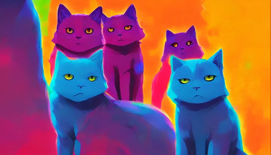 Image similar to contemporary semi abstract acrylic painting of really tall sitting cats by makoto shinkai, by greg rutkowski, by lisa frank, thick brush strokes and visible paint layers, multicolor color scheme