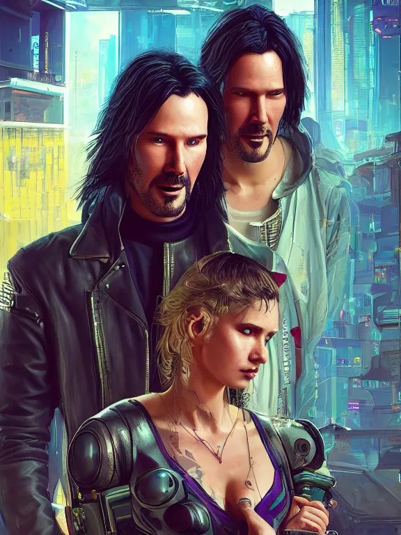 Image similar to a cyberpunk 2077 couple portrait of Keanu Reeves and V,love story,film lighting,by laurie greasley,Lawrence Alma-Tadema,William Morris,Dan Mumford,trending on atrstation,FAN ART,full of color,Digital painting,face enhance,highly detailed,8K, octane,golden ratio,cinematic lighting