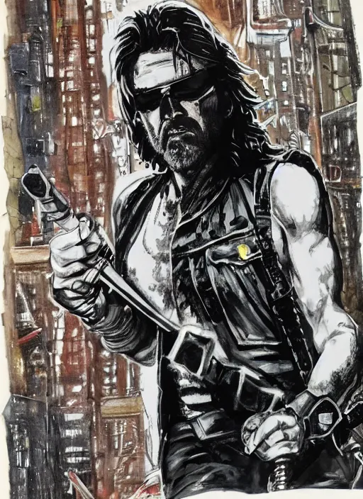 Image similar to Kurt Russell as Snake Plissken Escape From New York, Movie Inspired, mixed media, tritone